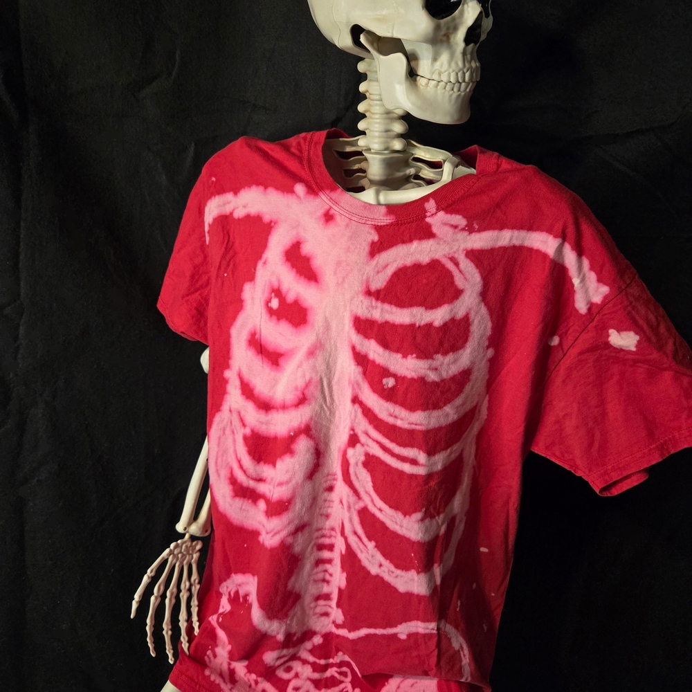 Handmad, Upcycled Hand Bleached Red Skeleton T-Shirt